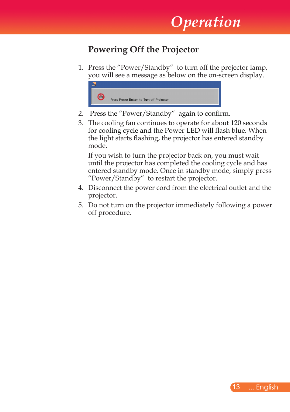 Operation, Powering off the projector | InFocus X9 User Manual | Page 14 / 37