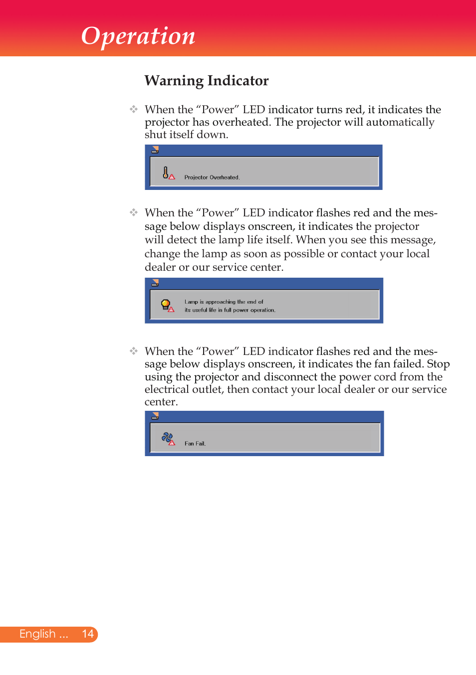 Operation, Warning indicator | InFocus X9 User Manual | Page 15 / 37
