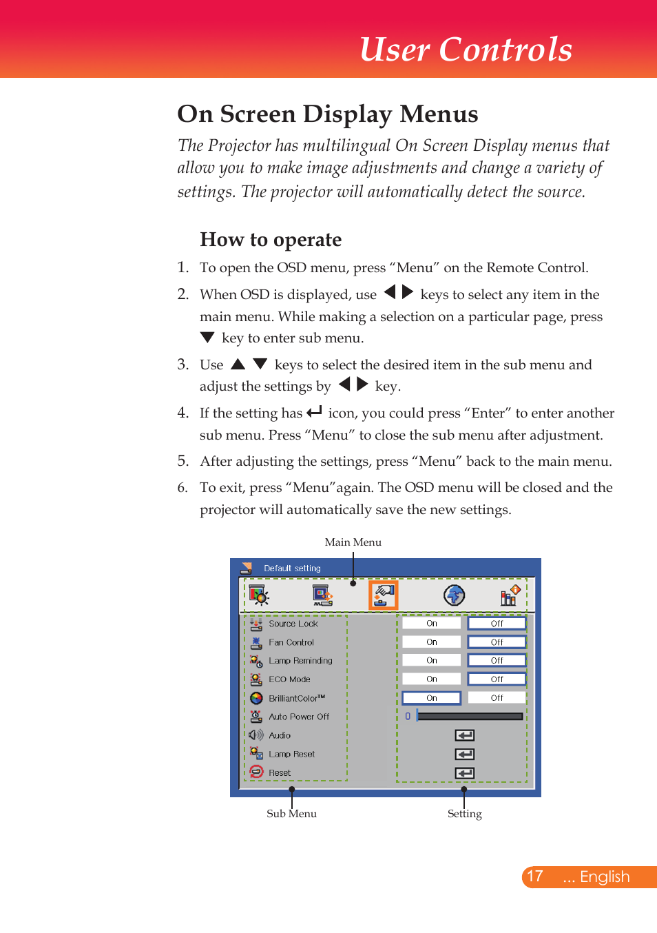 User controls, On screen display menus, How to operate | InFocus X9 User Manual | Page 18 / 37