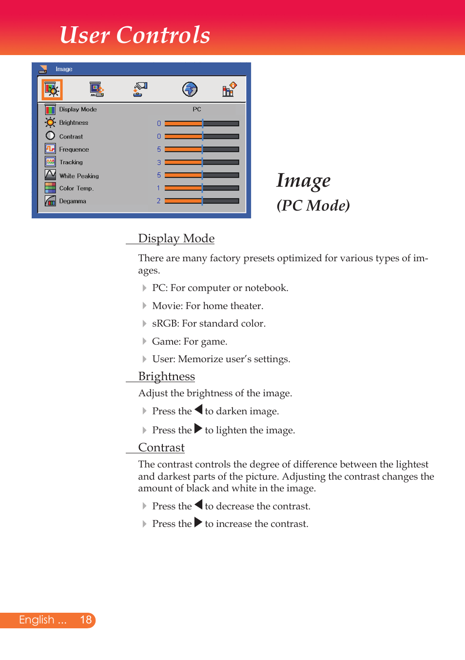 User controls, Image, Pc mode) | InFocus X9 User Manual | Page 19 / 37