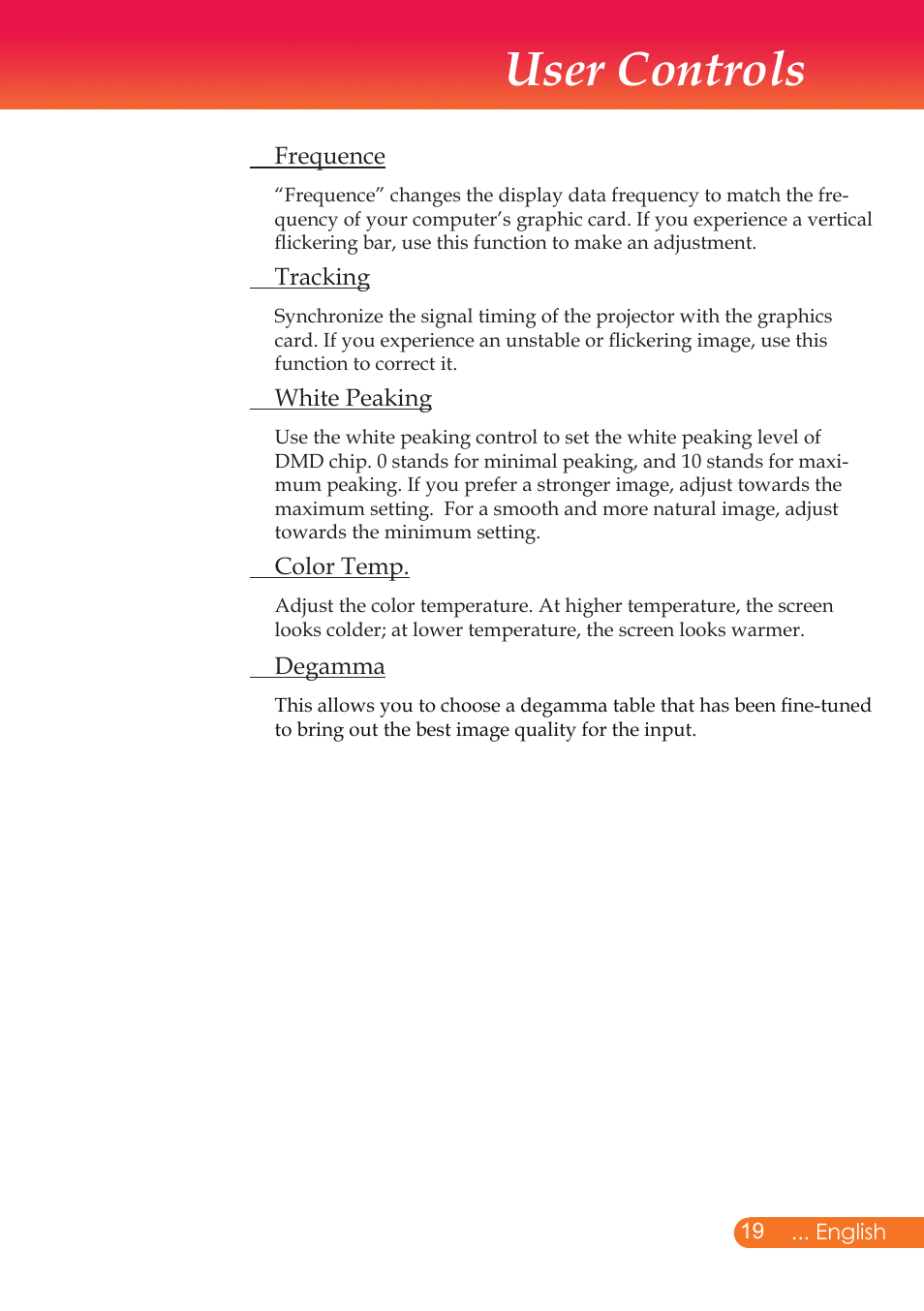 User controls | InFocus X9 User Manual | Page 20 / 37