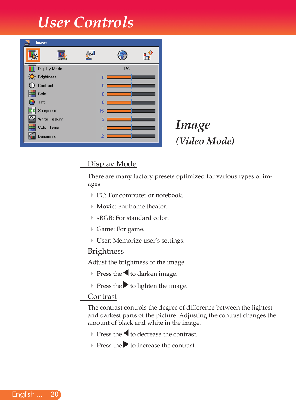 User controls, Image, Video mode) | InFocus X9 User Manual | Page 21 / 37
