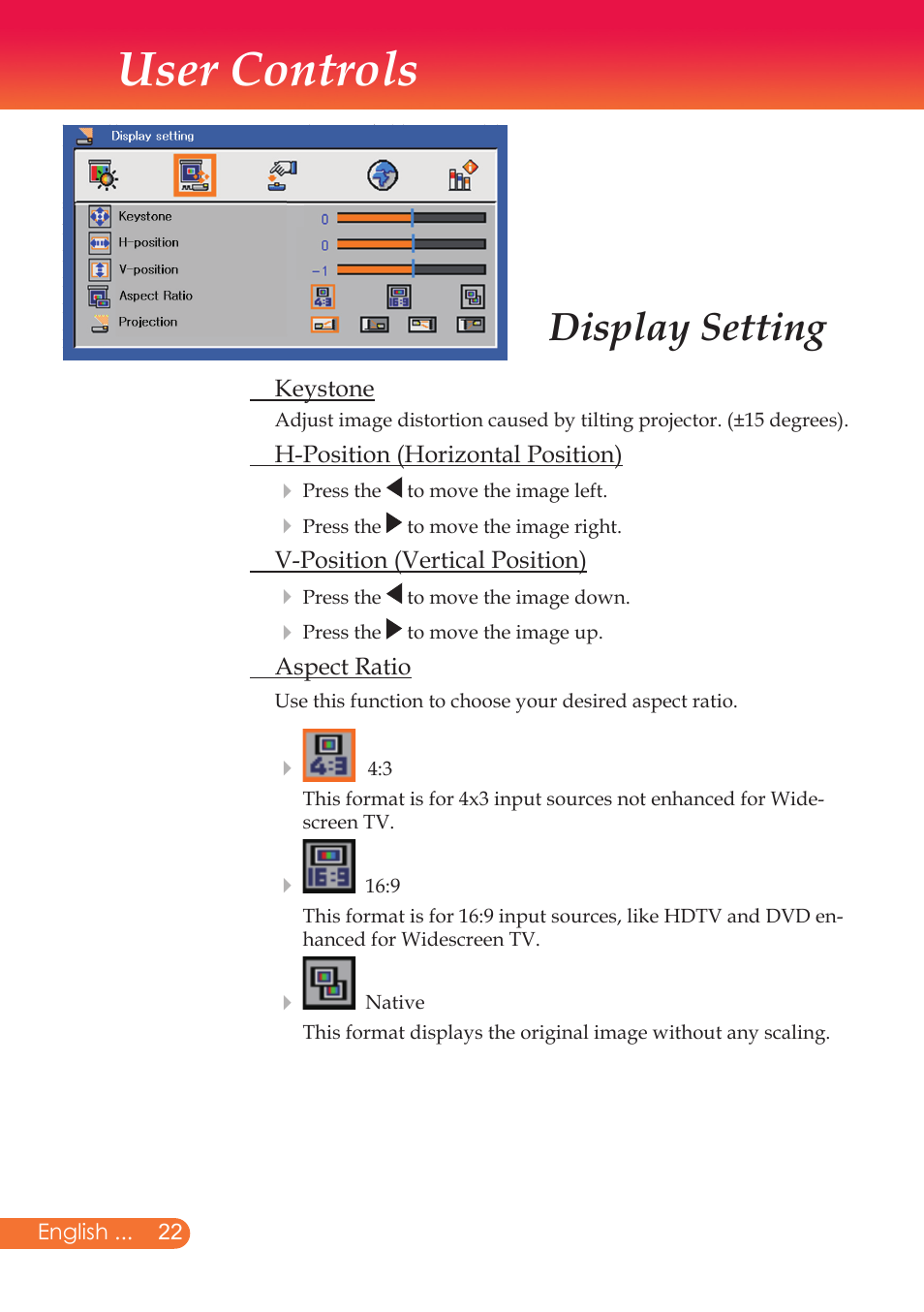 User controls, Display setting | InFocus X9 User Manual | Page 23 / 37