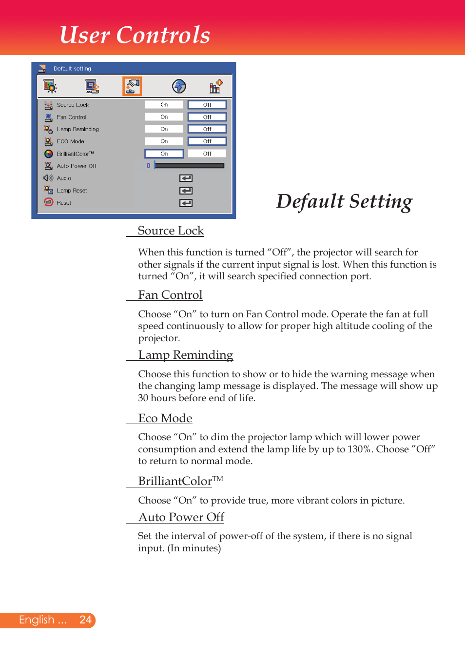 User controls, Default setting | InFocus X9 User Manual | Page 25 / 37