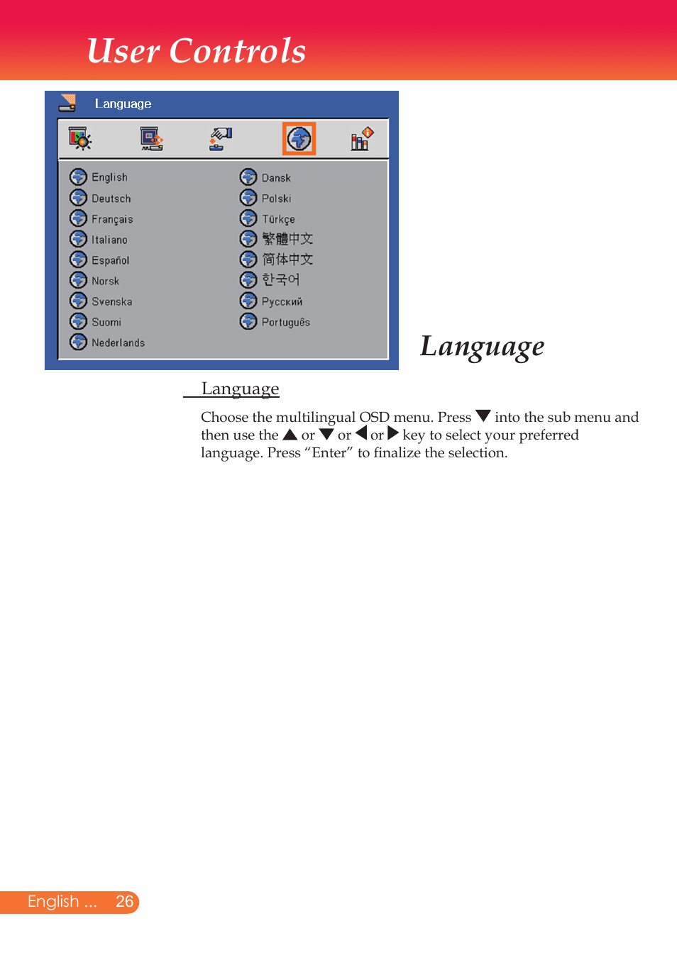 User controls, Language | InFocus X9 User Manual | Page 27 / 37