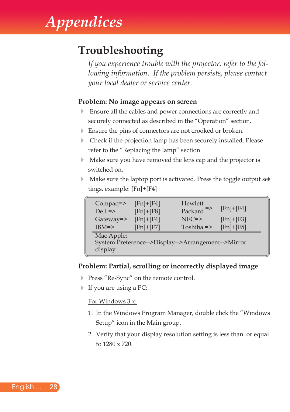 Appendices, Troubleshooting | InFocus X9 User Manual | Page 29 / 37