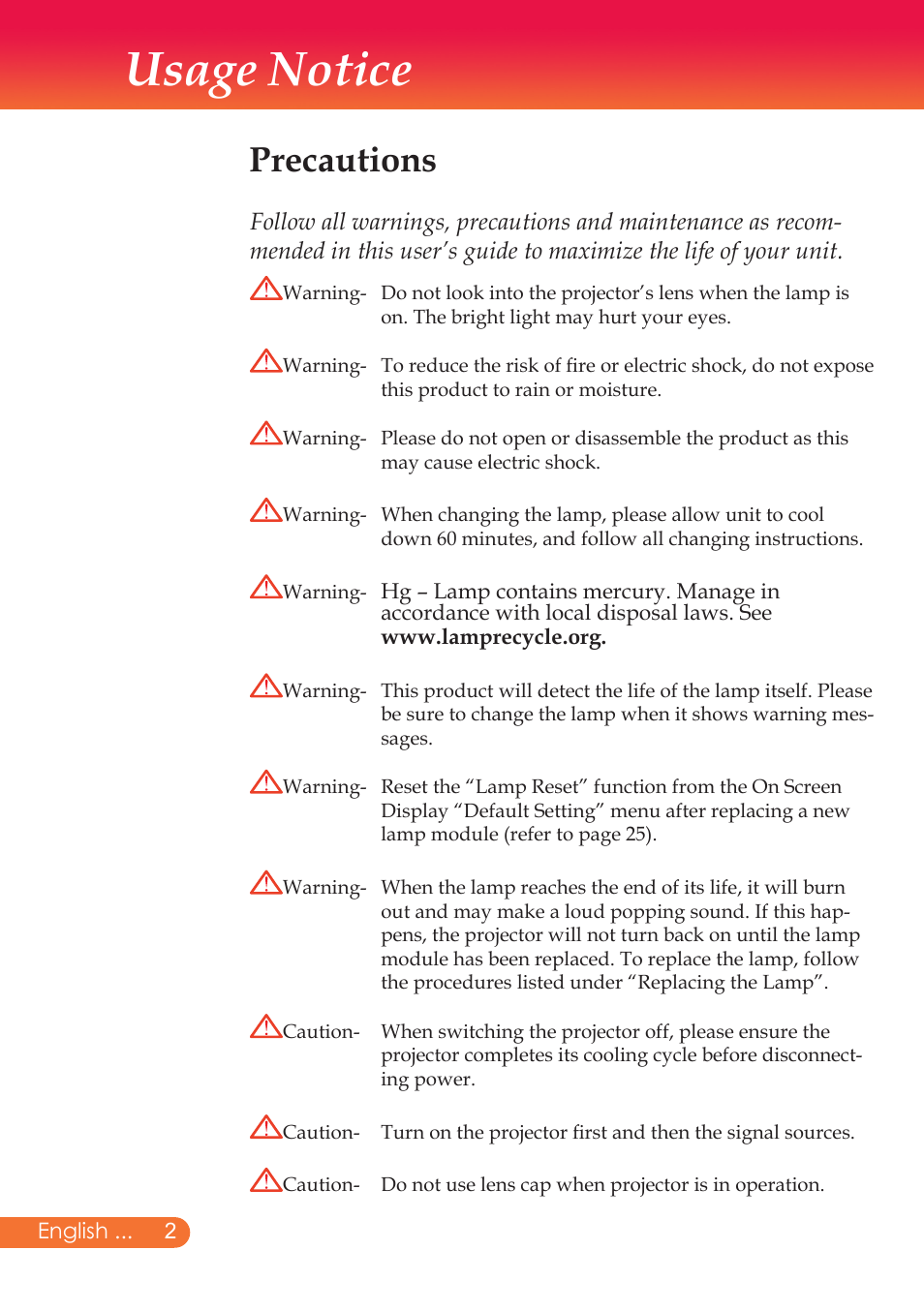 Usage notice, Precautions | InFocus X9 User Manual | Page 3 / 37