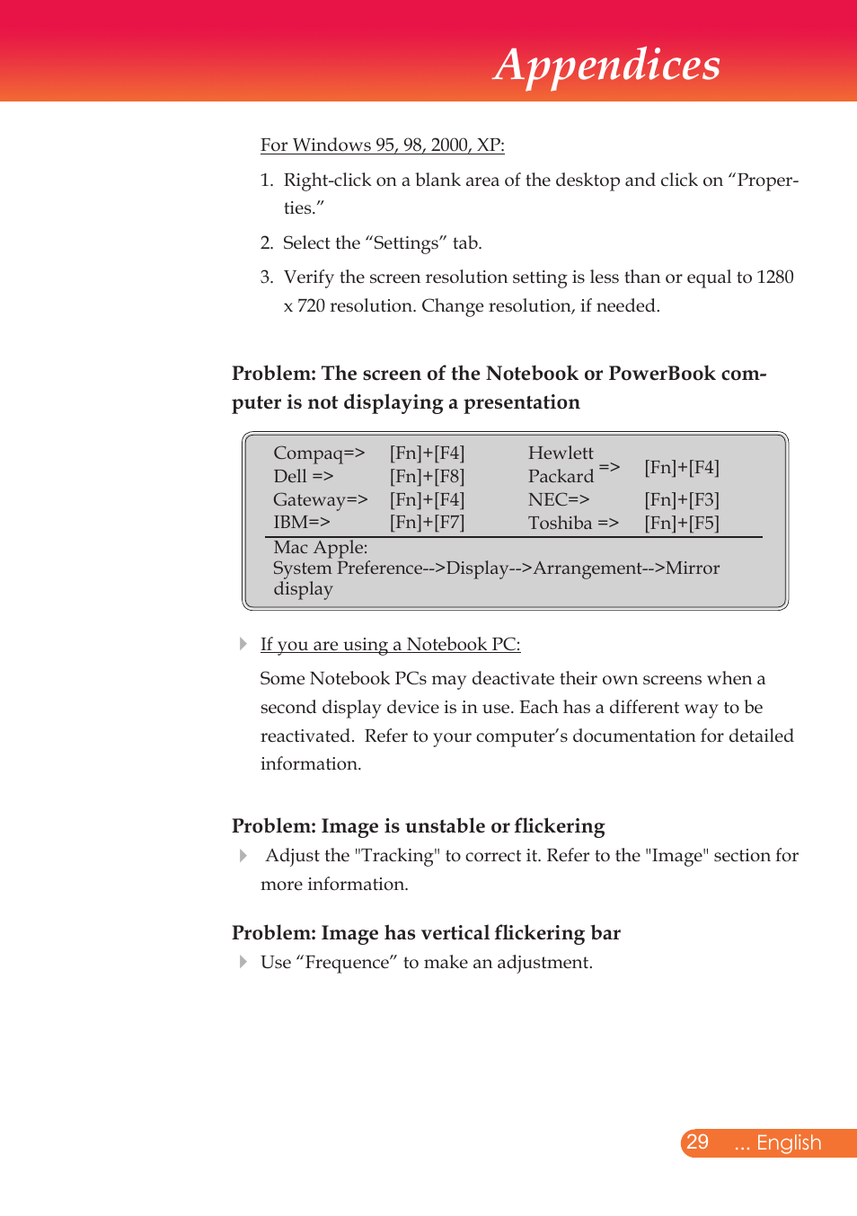 Appendices | InFocus X9 User Manual | Page 30 / 37