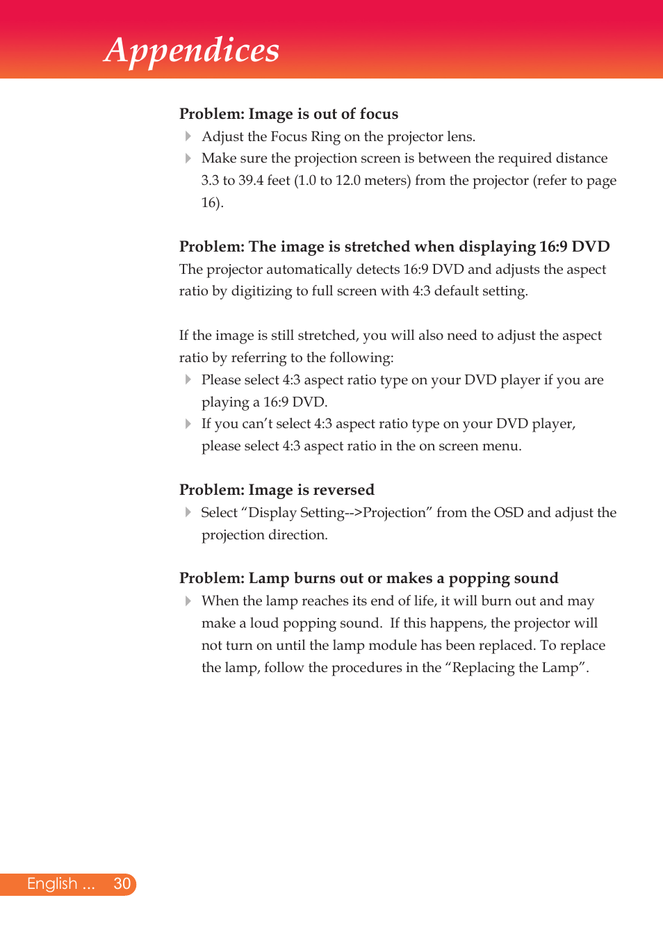 Appendices | InFocus X9 User Manual | Page 31 / 37