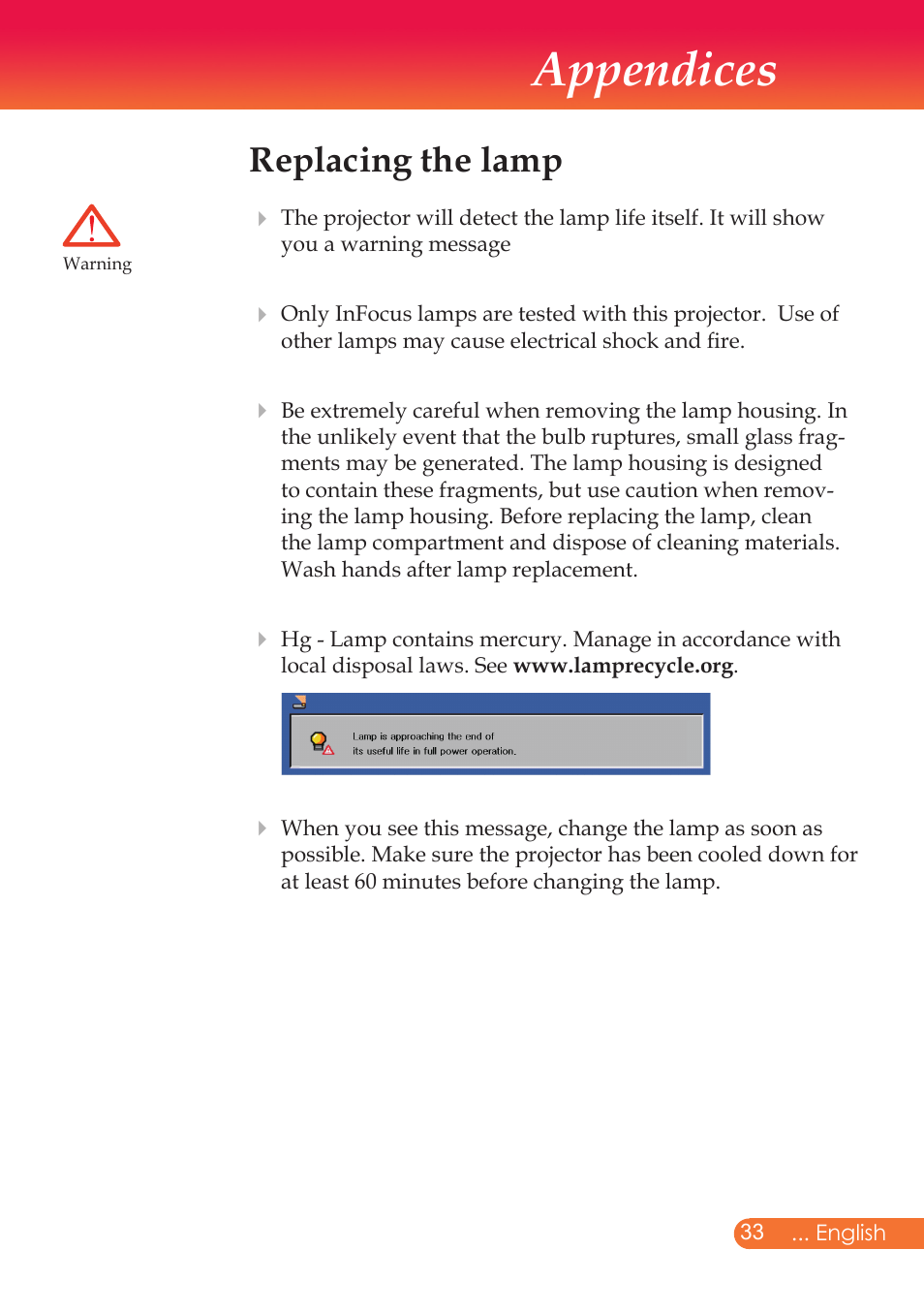 Appendices, Replacing the lamp | InFocus X9 User Manual | Page 34 / 37