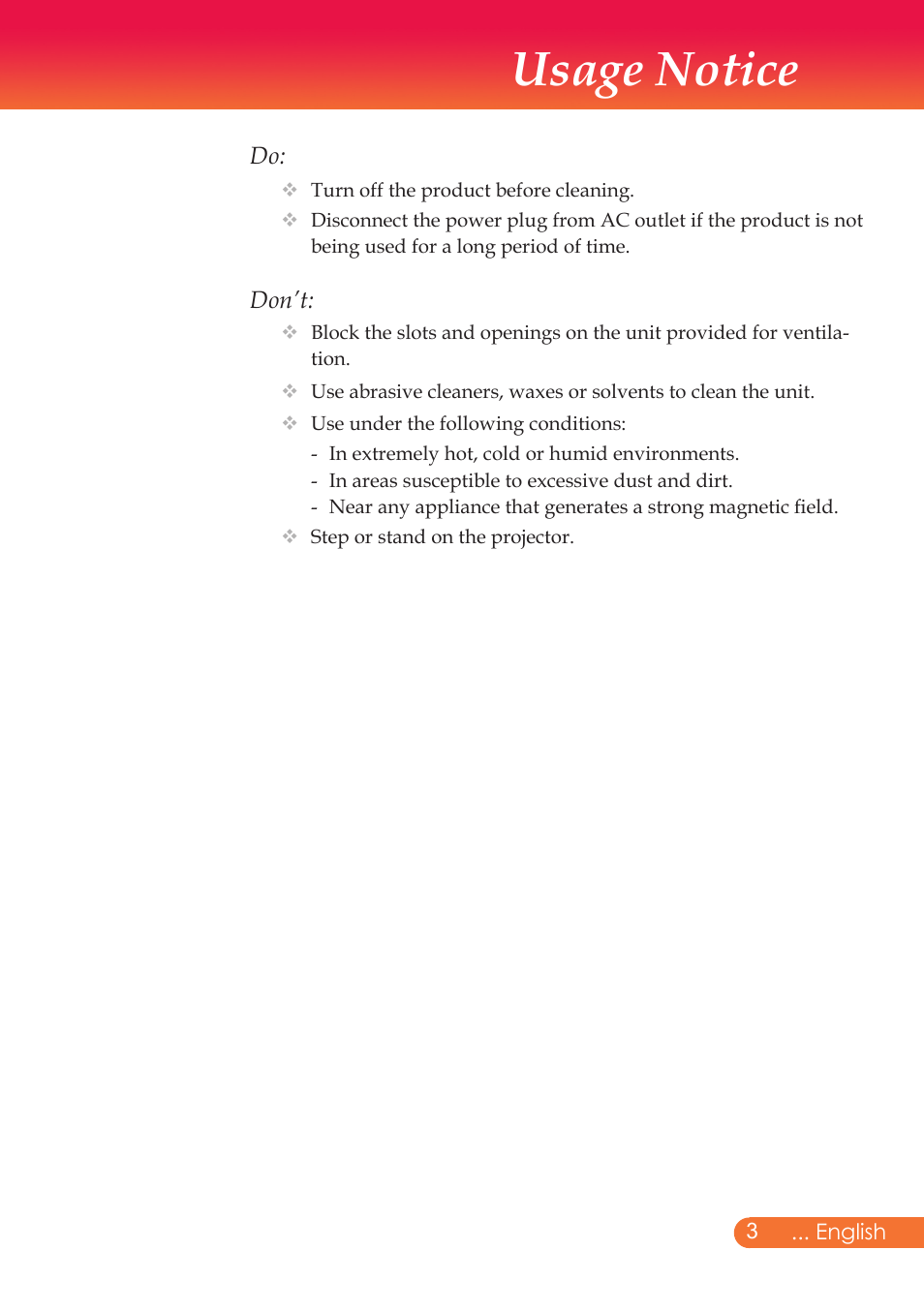 Usage notice | InFocus X9 User Manual | Page 4 / 37