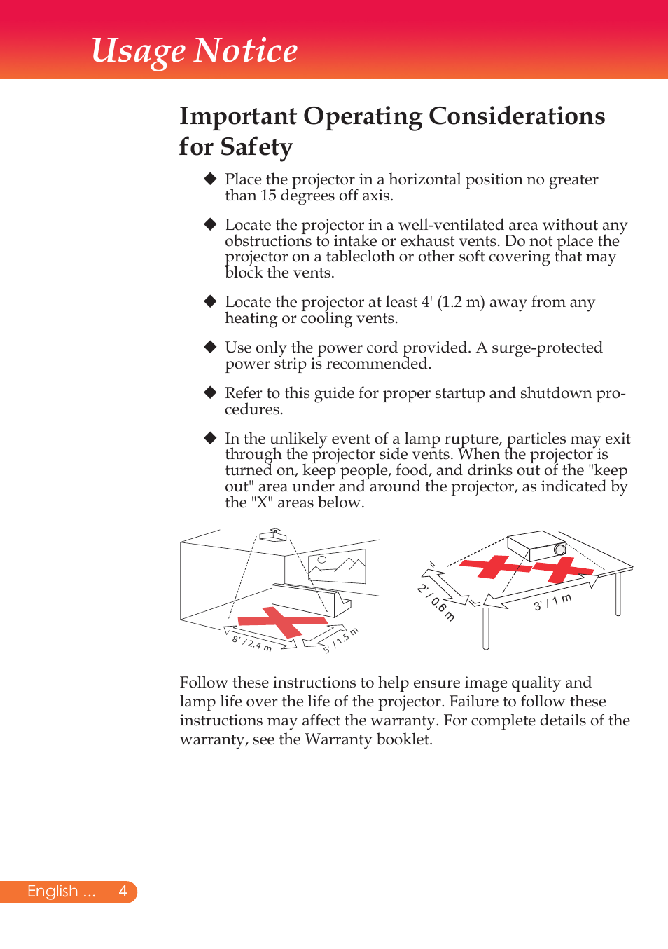 Usage notice, Important operating considerations for safety | InFocus X9 User Manual | Page 5 / 37