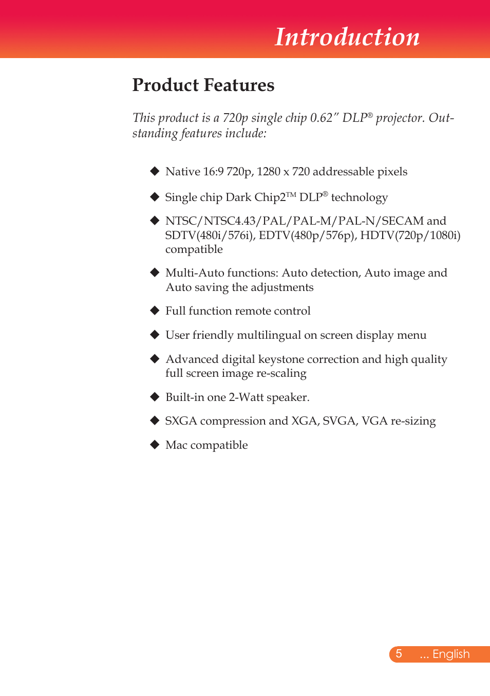 Introduction, Product features | InFocus X9 User Manual | Page 6 / 37
