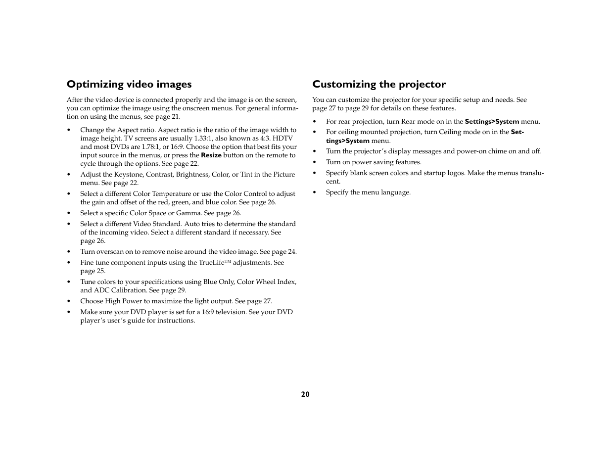 Optimizing video images, Customizing the projector | InFocus 5700 User Manual | Page 20 / 43