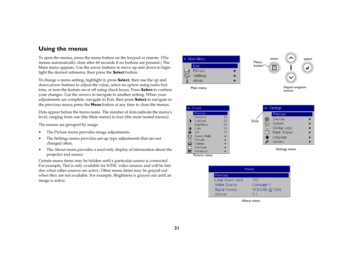 Using the menus | InFocus 5700 User Manual | Page 21 / 43