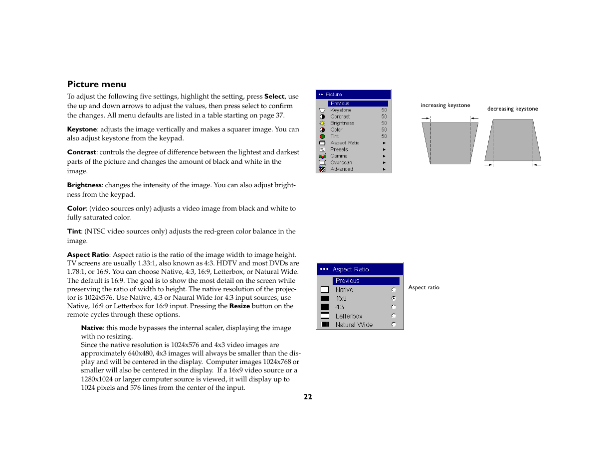 Picture menu | InFocus 5700 User Manual | Page 22 / 43