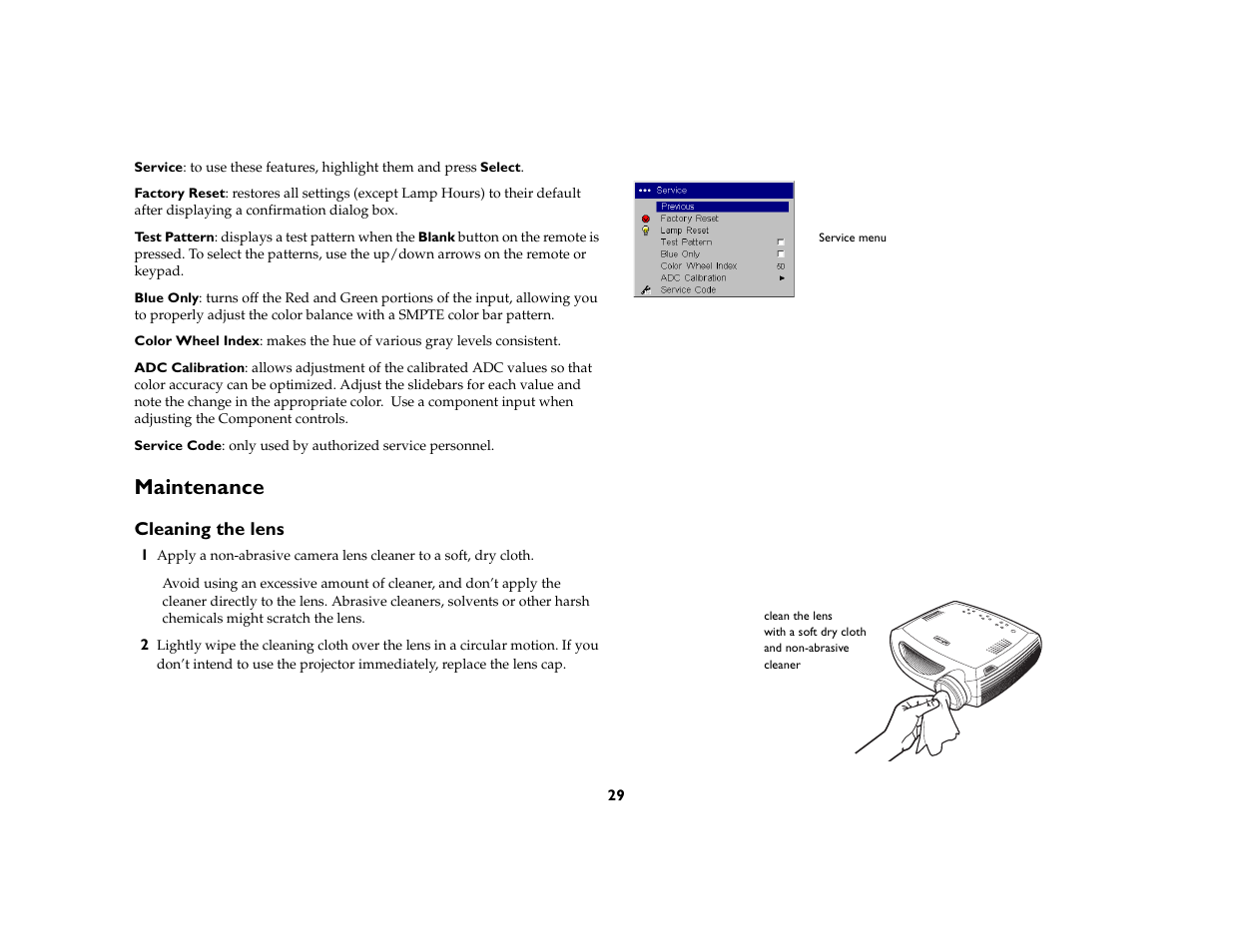 Maintenance, Cleaning the lens, Maintenance 29 | InFocus 5700 User Manual | Page 29 / 43