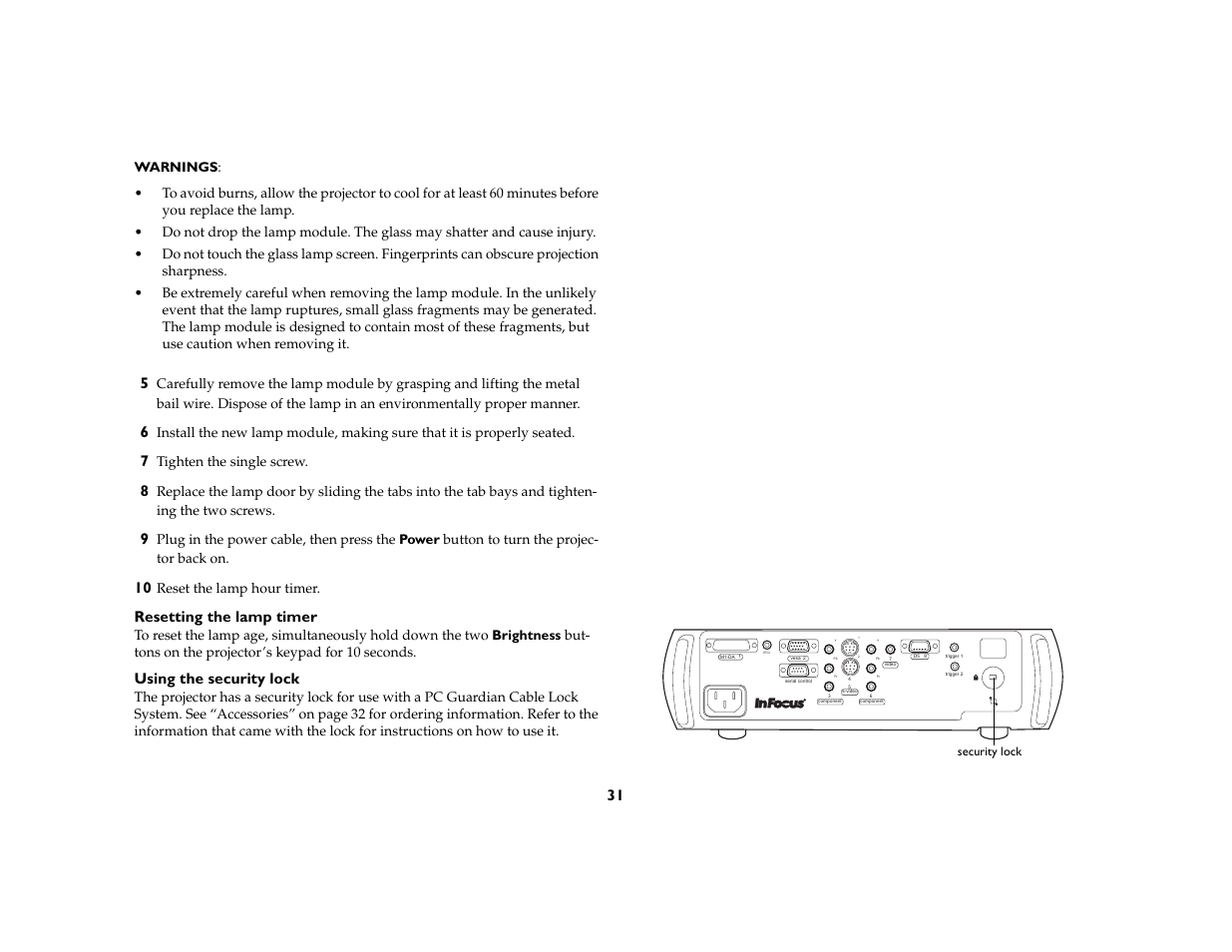 Resetting the lamp timer, Using the security lock | InFocus 5700 User Manual | Page 31 / 43