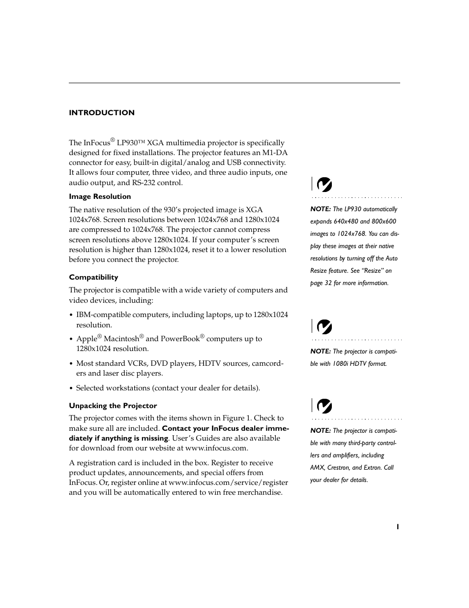 Heading1 - introduction, Heading2 - image resolution, Heading2 - compatibility | Heading2 - unpacking the projector, Introduction 1 image resolution, Compatibility 1 unpacking the projector | InFocus XGA multimedia projector LP930 User Manual | Page 10 / 77