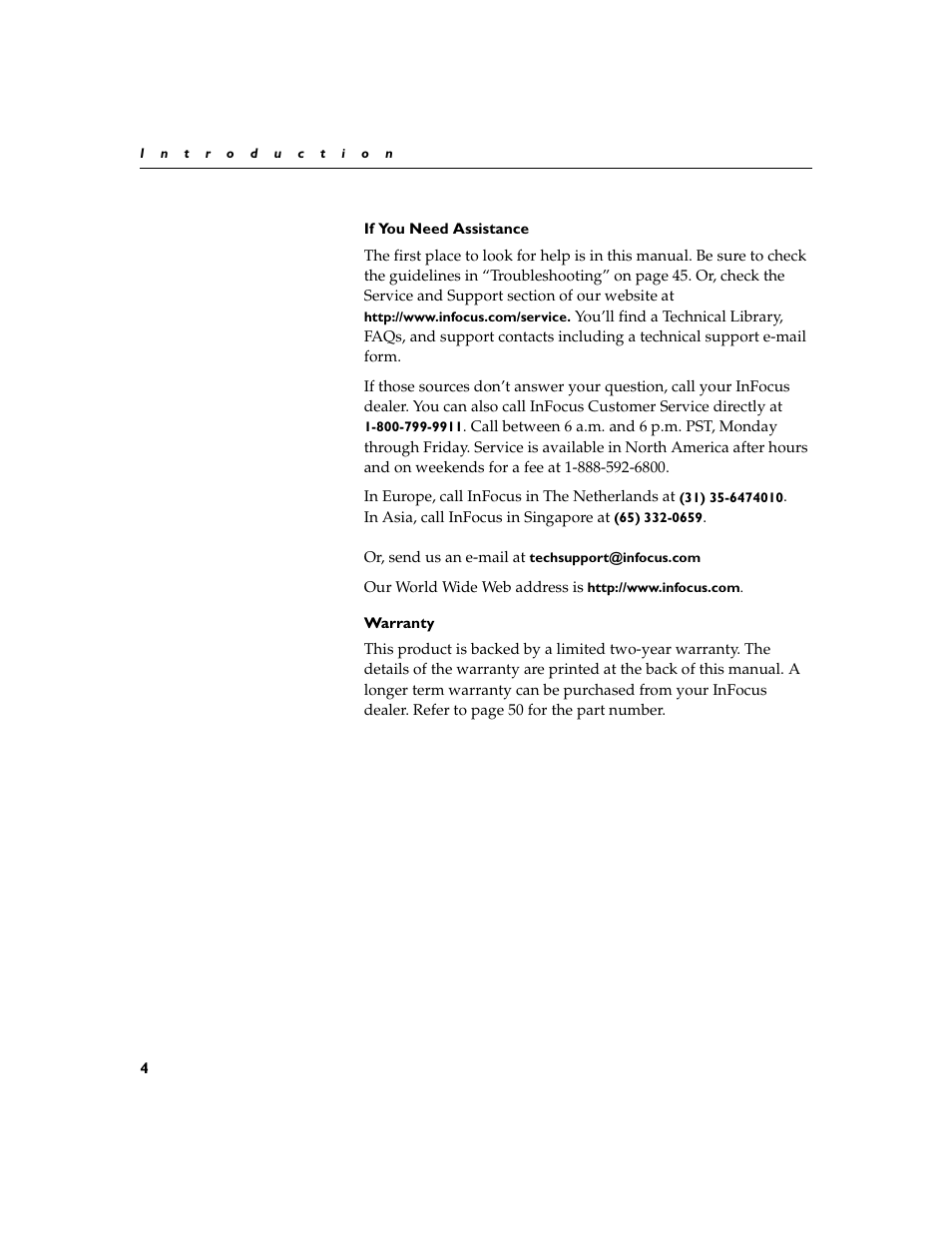 Heading2 - if you need assistance, Heading2 - warranty, If you need assistance | Warranty 4 | InFocus XGA multimedia projector LP930 User Manual | Page 13 / 77