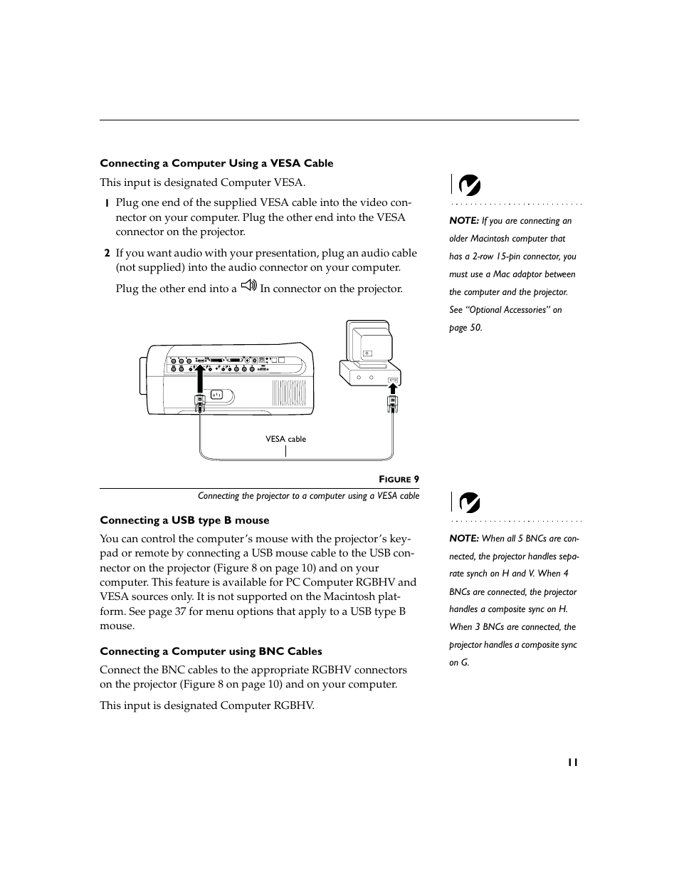 Heading2 - connecting a usb type b mouse, Heading2 - connecting a computer using bnc cables, Connecting a computer using a vesa cable | Connecting a usb type b mouse, Connecting a computer using bnc cables | InFocus XGA multimedia projector LP930 User Manual | Page 20 / 77