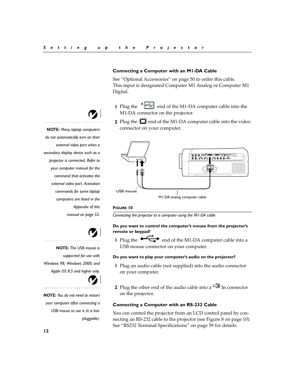 Connecting a computer with an m1-da cable, Connecting a computer with an rs-232 cable | InFocus XGA multimedia projector LP930 User Manual | Page 21 / 77