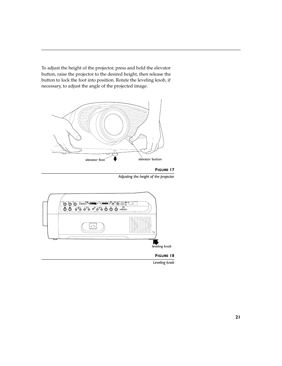 17 adjusting the height of the projector f, 18 leveling knob, Elevator button elevator foot | Leveling knob, Igure | InFocus XGA multimedia projector LP930 User Manual | Page 30 / 77