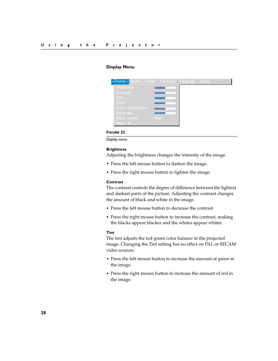 Heading2 - display menu, Display menu | InFocus XGA multimedia projector LP930 User Manual | Page 37 / 77