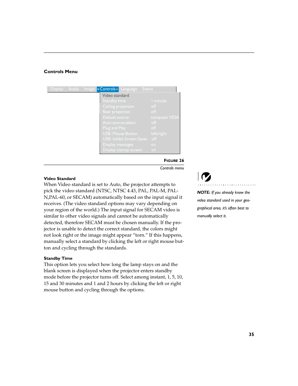 Heading2 - controls menu, Controls menu | InFocus XGA multimedia projector LP930 User Manual | Page 44 / 77