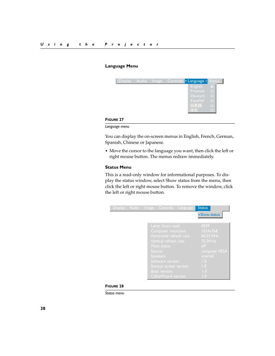 Heading2 - language menu, Heading2 - status menu, Language menu | Status menu | InFocus XGA multimedia projector LP930 User Manual | Page 47 / 77