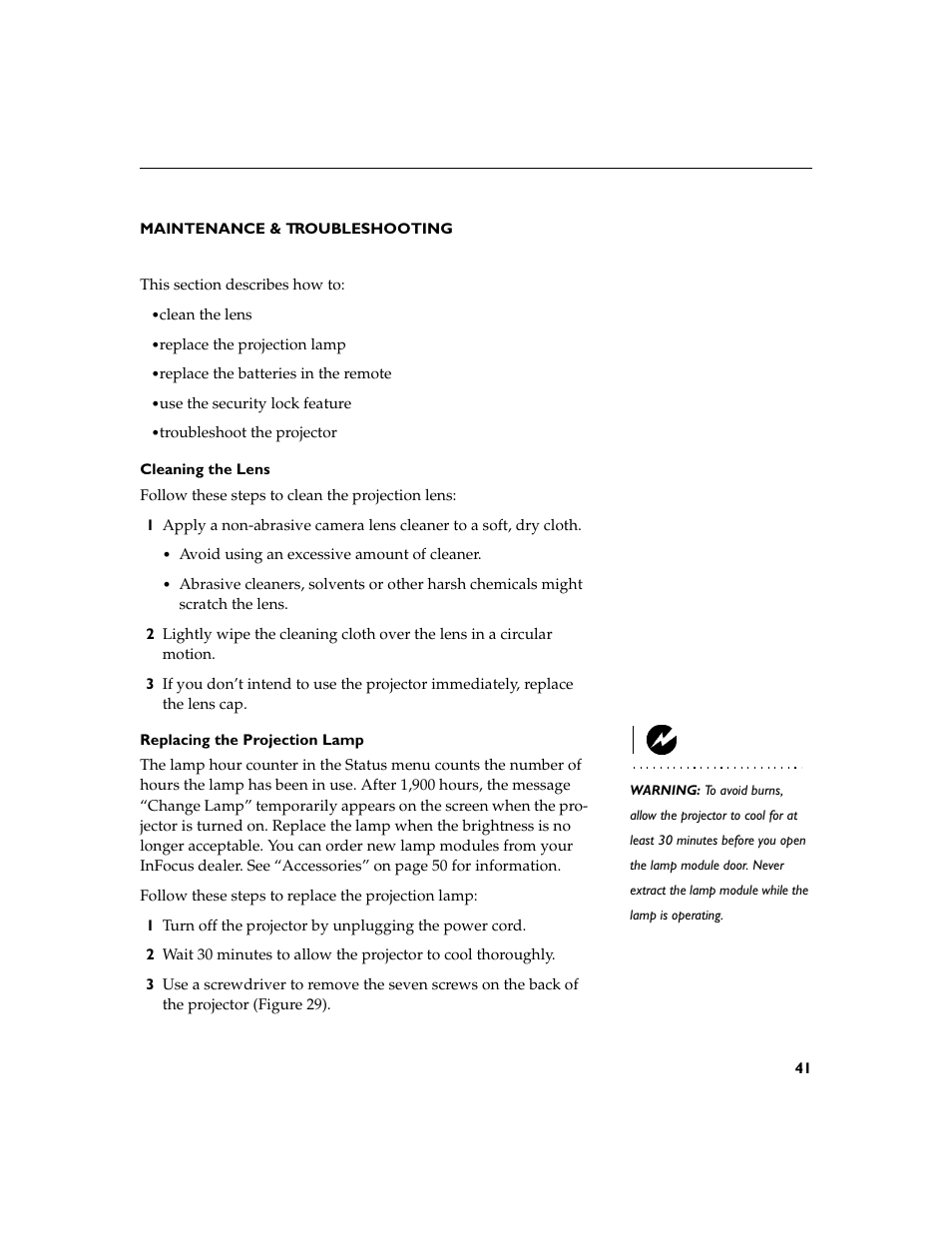 Heading1 - maintenance & troubleshooting, Heading2 - cleaning the lens, Heading2 - replacing the projection lamp | Maintenance & troubleshooting, Cleaning the lens, Replacing the projection lamp | InFocus XGA multimedia projector LP930 User Manual | Page 50 / 77