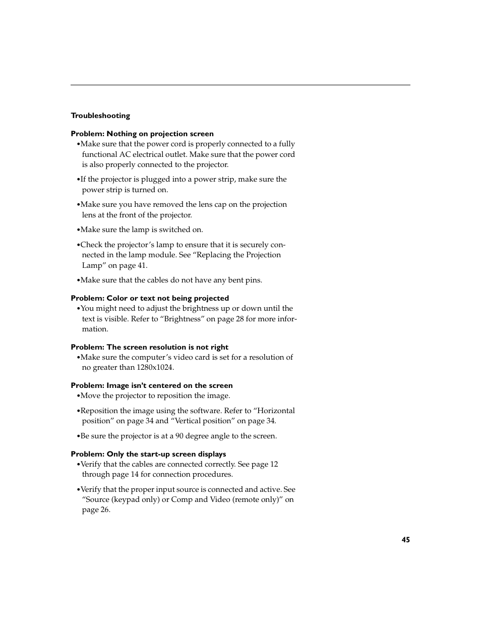 Heading2 - troubleshooting, Troubleshooting 45 | InFocus XGA multimedia projector LP930 User Manual | Page 54 / 77