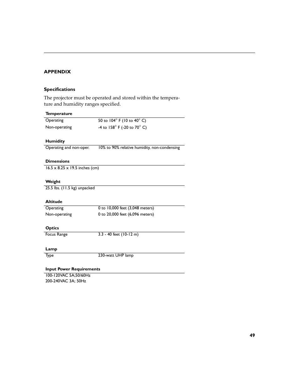 Heading1 - appendix, Heading2 - specifications, Appendix 49 specifications 49 | InFocus XGA multimedia projector LP930 User Manual | Page 58 / 77