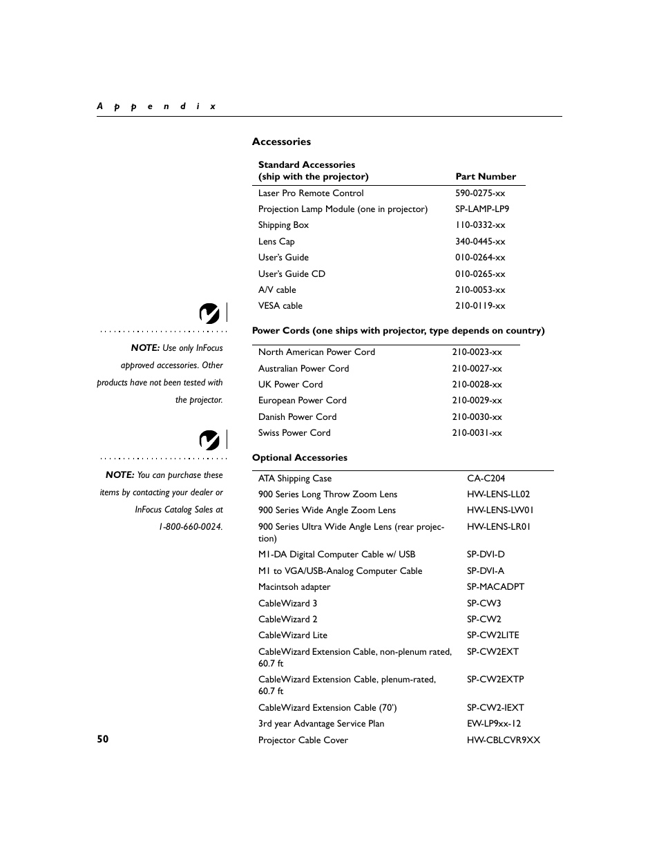 Heading2 - accessories, Accessories 50, Optional accessories” on | Ee “optional accessories” on | InFocus XGA multimedia projector LP930 User Manual | Page 59 / 77