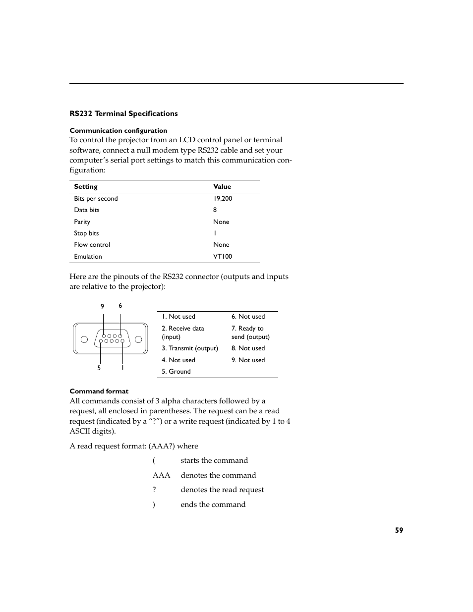 Heading2 - rs232 terminal specifications, Rs232 terminal specifications | InFocus XGA multimedia projector LP930 User Manual | Page 68 / 77