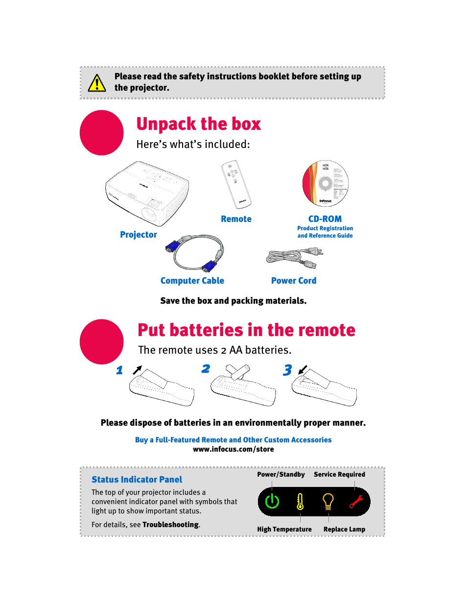 Unpack the box, Put batteries in the remote | InFocus IN20 Series User Manual | Page 2 / 8