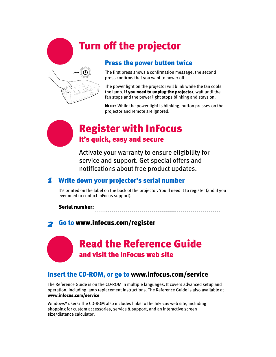 Turn off the projector, Read the reference guide, Register with infocus | InFocus IN20 Series User Manual | Page 6 / 8