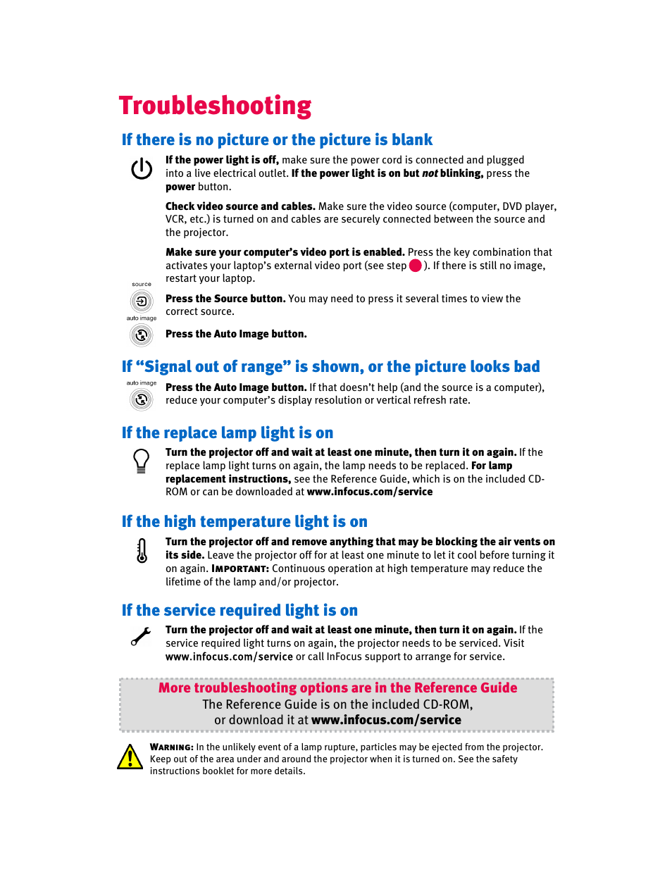 Troubleshooting, If there is no picture or the picture is blank, If the replace lamp light is on | If the high temperature light is on, If the service required light is on | InFocus IN20 Series User Manual | Page 7 / 8