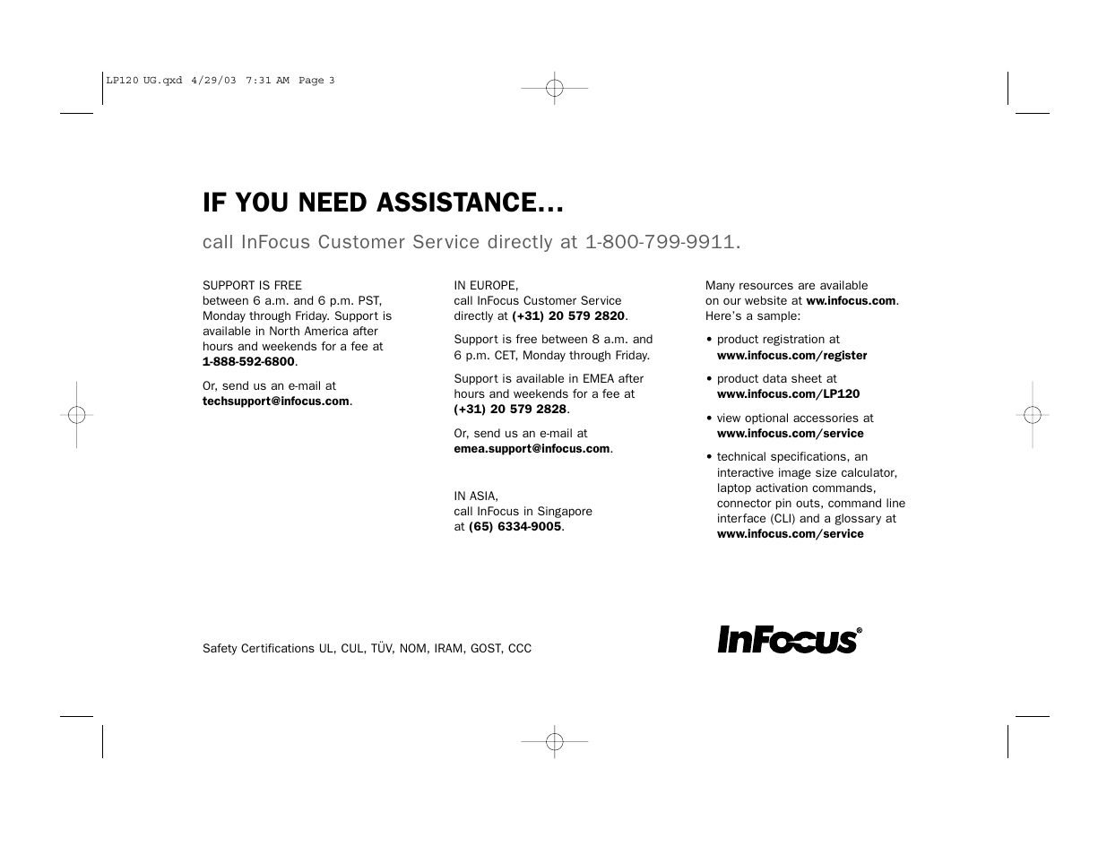 If you need assistance | InFocus LP 120 User Manual | Page 3 / 3