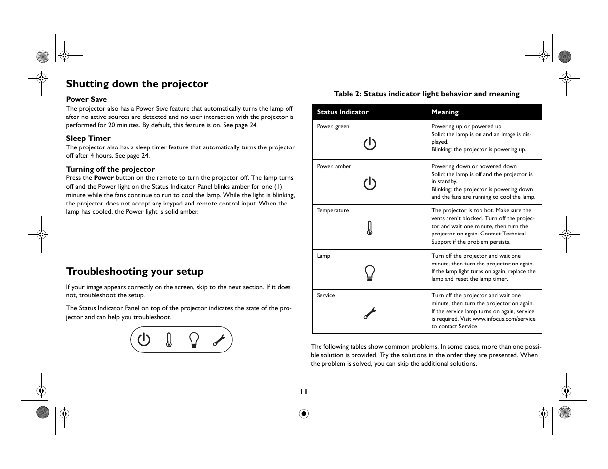 Shutting down the projector, Troubleshooting your setup | InFocus IN82 User Manual | Page 12 / 39