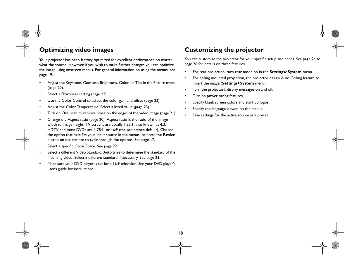 Optimizing video images, Customizing the projector | InFocus IN82 User Manual | Page 19 / 39