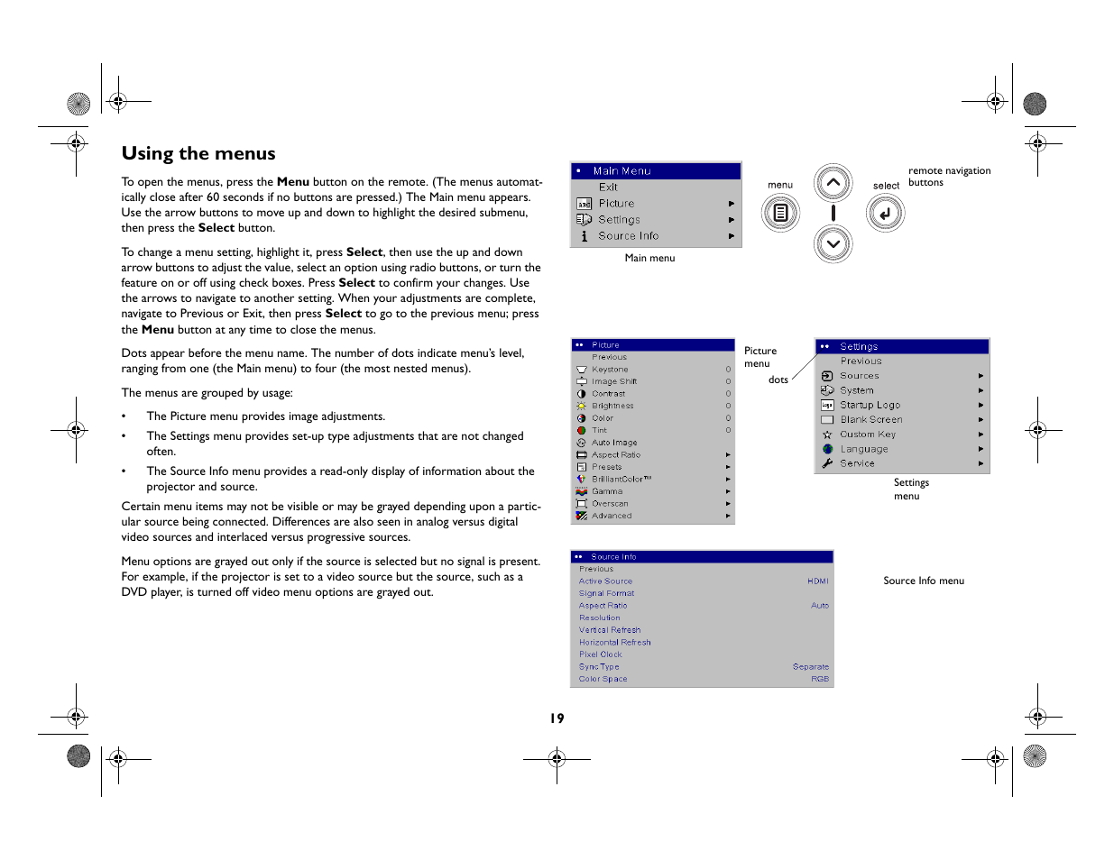 Using the menus | InFocus IN82 User Manual | Page 20 / 39