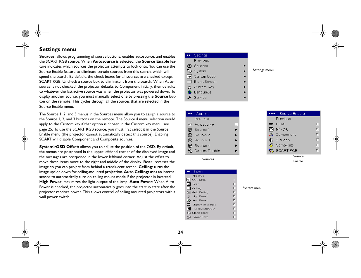 Settings menu | InFocus IN82 User Manual | Page 25 / 39