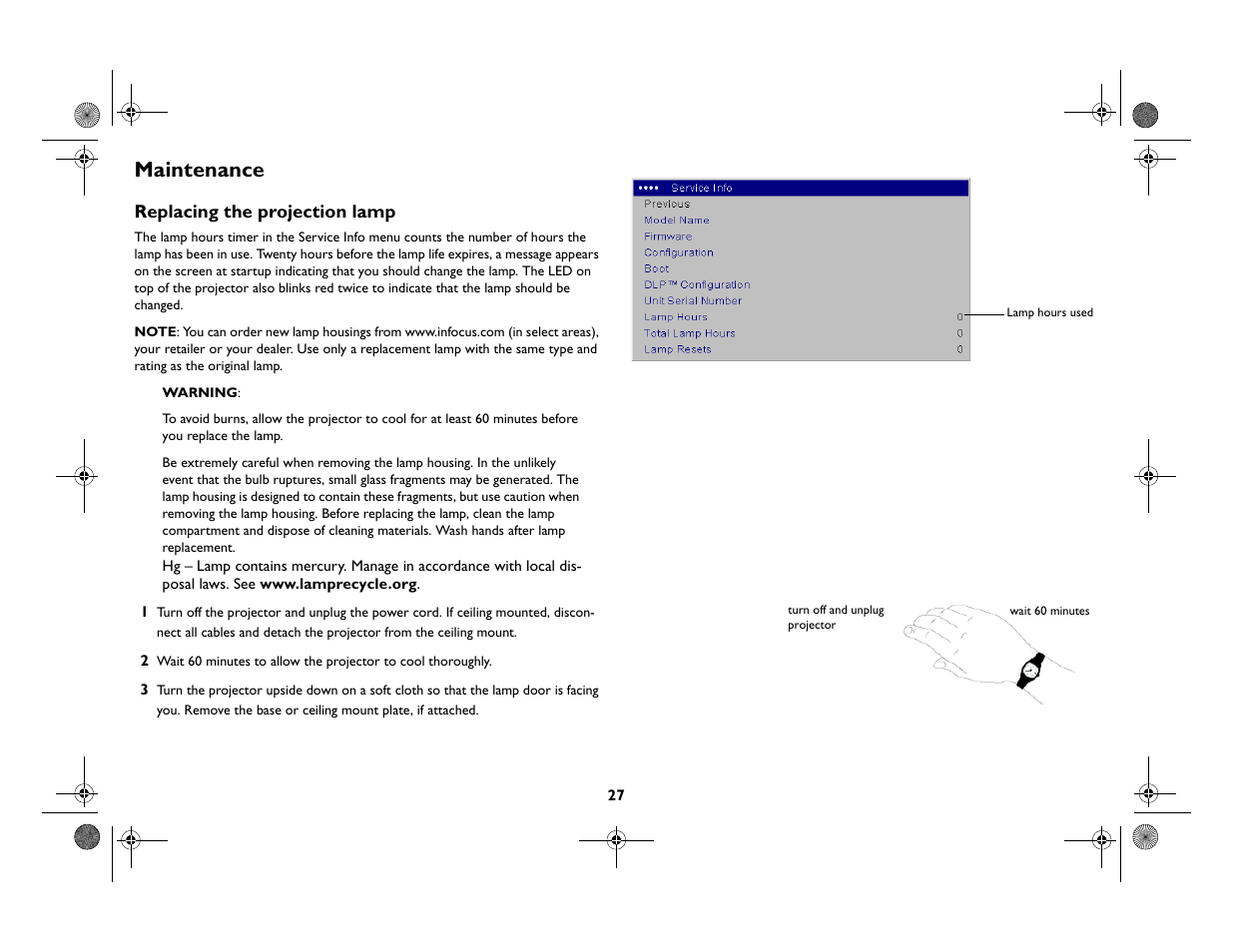 Maintenance, Replacing the projection lamp, Maintenance 27 | InFocus IN82 User Manual | Page 28 / 39
