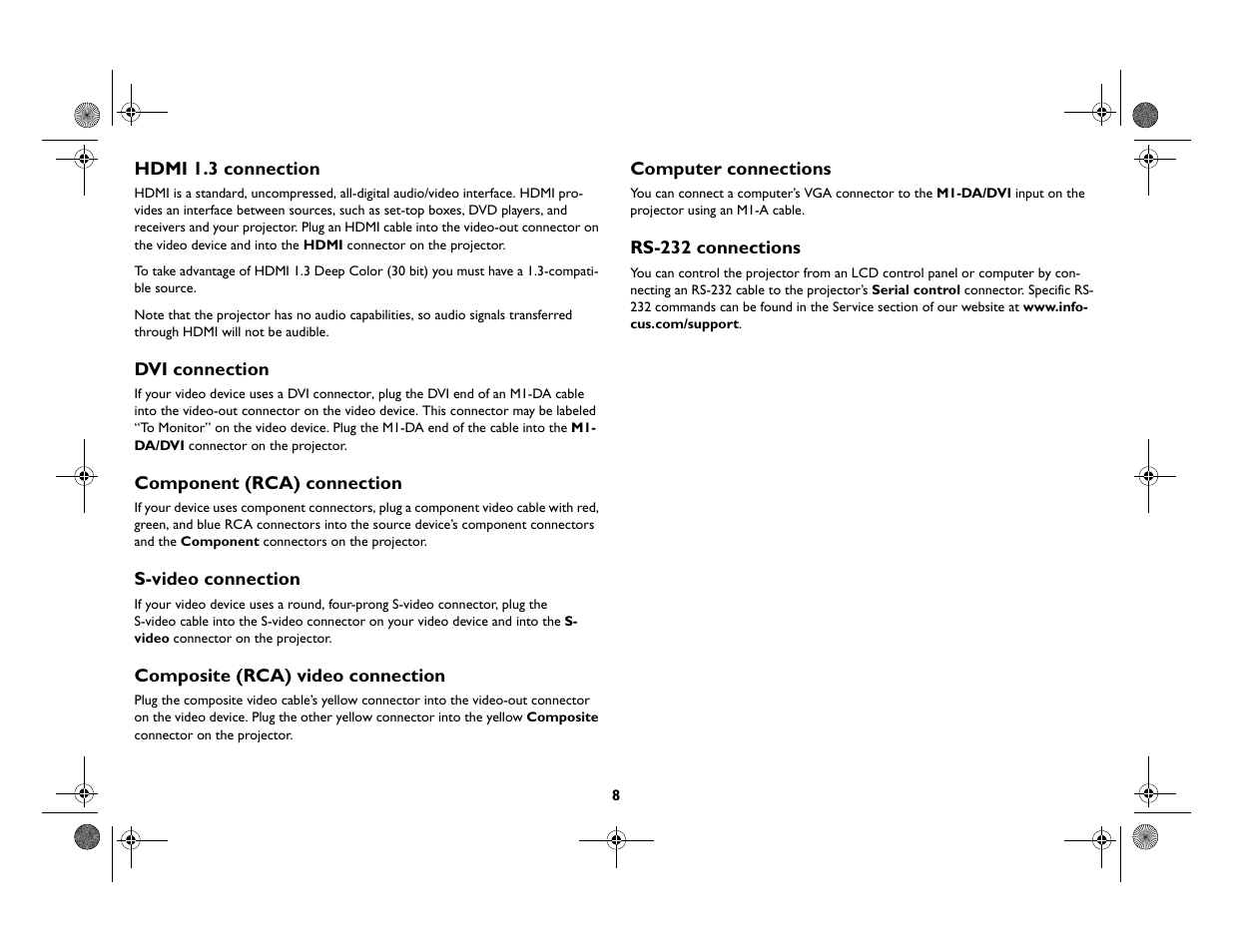 Hdmi 1.3 connection, Dvi connection, Component (rca) connection | S-video connection, Composite (rca) video connection, Computer connections, Rs-232 connections | InFocus IN82 User Manual | Page 9 / 39