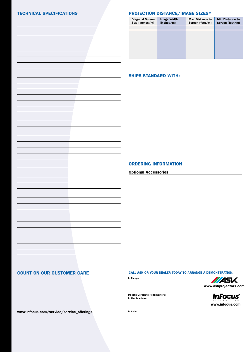 Ordering information technical specifications, Ships standard with, Count on our customer care | Projection distance/image sizes, Optional accessories | InFocus C40/C50 User Manual | Page 4 / 4