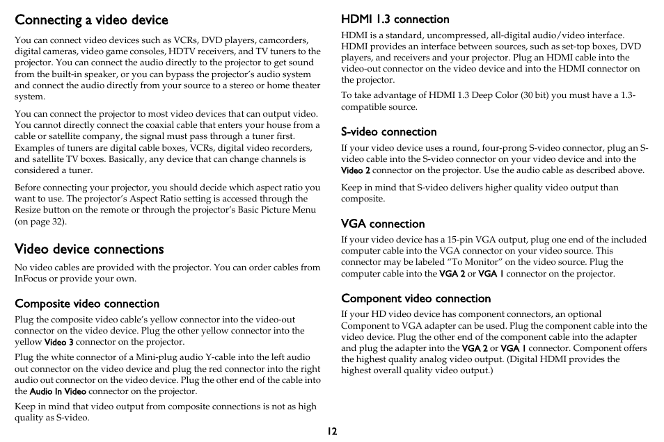 Connecting a video device, Video device connections, Composite video connection | Hdmi 1.3 connection, S-video connection, Vga connection, Component video connection | InFocus DISPLAY LINK IN3902LB User Manual | Page 13 / 51