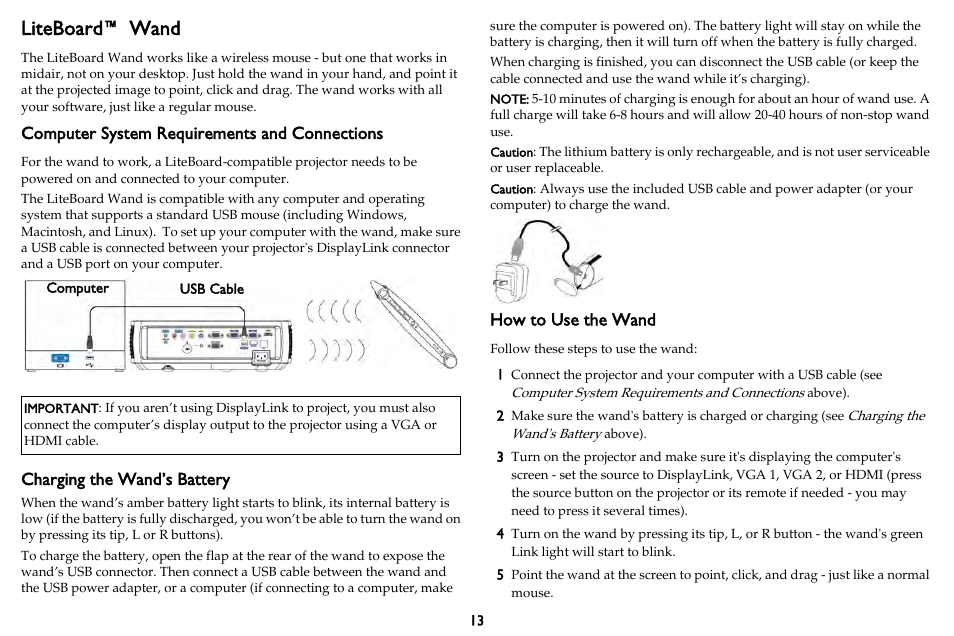 Liteboard™ wand, Computer system requirements and connections, Charging the wand’s battery | How to use the wand | InFocus DISPLAY LINK IN3902LB User Manual | Page 14 / 51