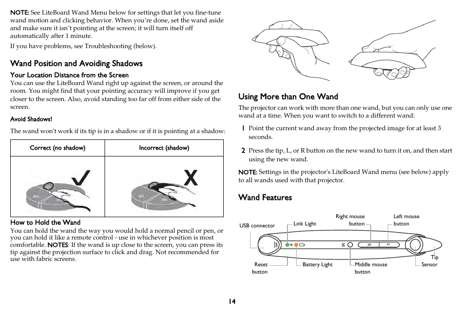 Wand position and avoiding shadows, Using more than one wand, Wand features | InFocus DISPLAY LINK IN3902LB User Manual | Page 15 / 51