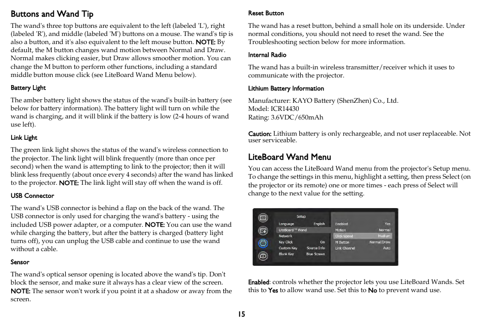 Buttons and wand tip, Liteboard wand menu | InFocus DISPLAY LINK IN3902LB User Manual | Page 16 / 51